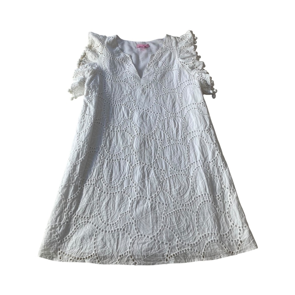 Lilly Pulitzer XS White Eyelet Pom Pom Trim V Neck Casual Dress‎